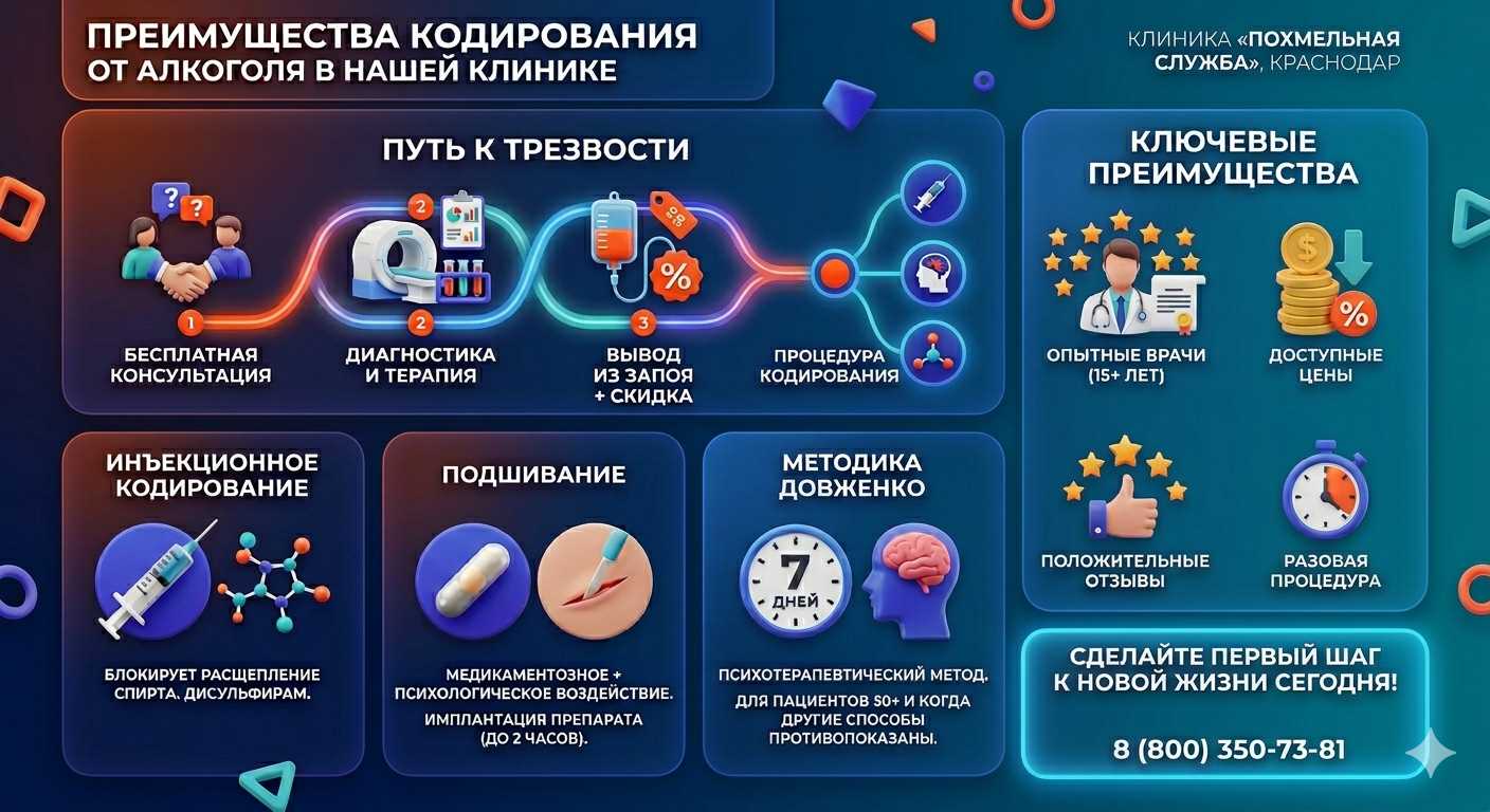 Инфографика о методах кодирования от алкоголя в Берёзовском: инъекции, подшивание, метод Довженко. Преимущества клиники и этапы лечения.